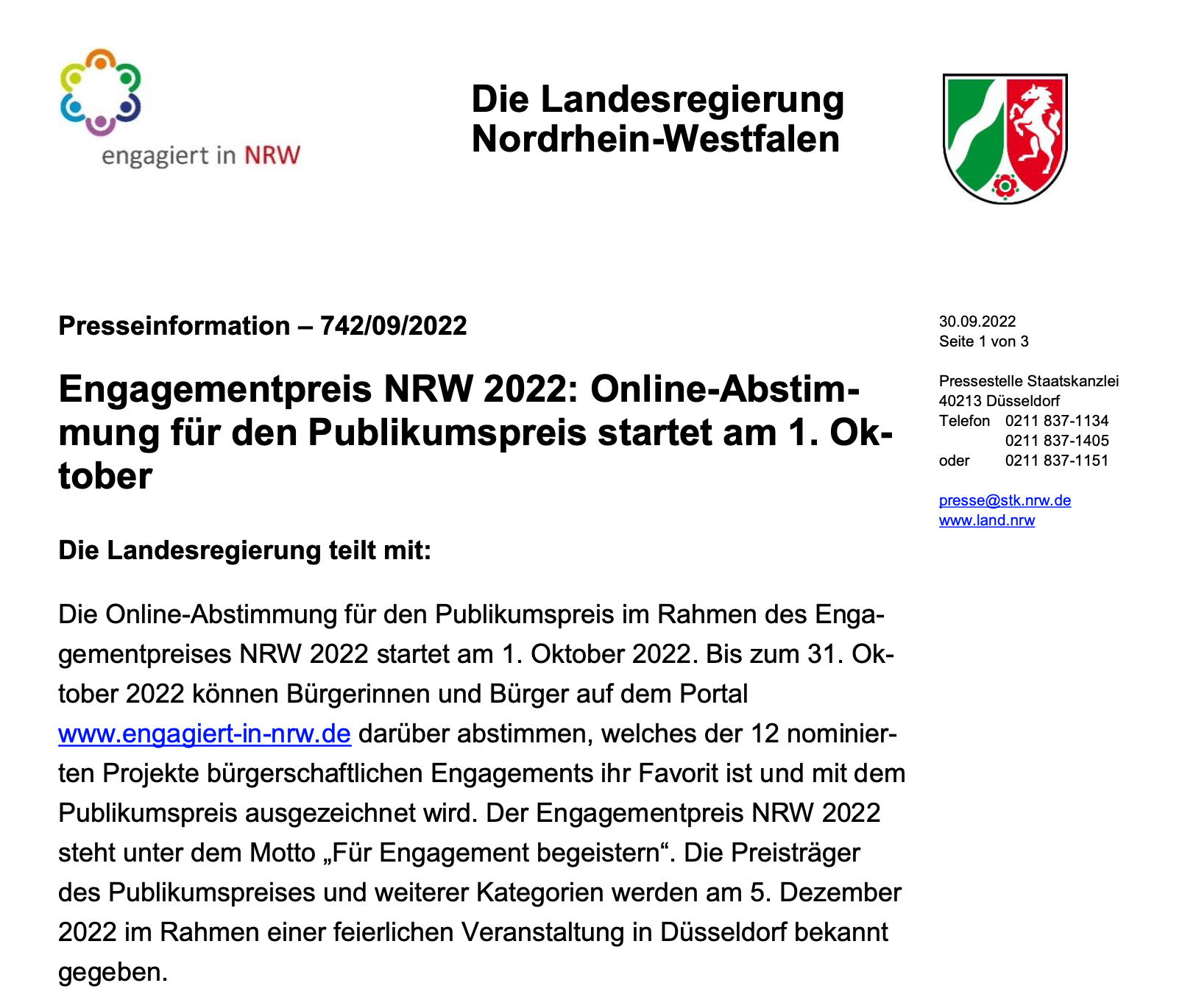 Online-Voting beim Engagementpreis NRW 2022